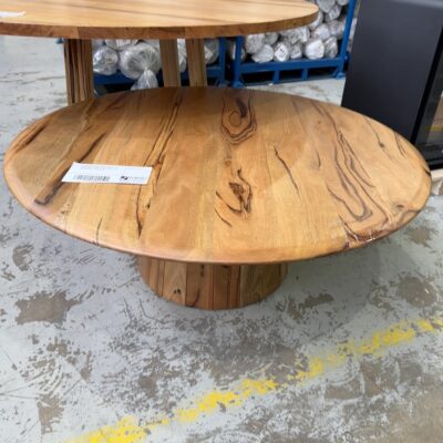 EX DISPLAY JINDALEE ROUND COFFEE TABLE WITH PEDESTAL BASE, MARRI TIMBER, **HOLES DON'T ALIGN WILL NEED TO BE FIXED BY ADJUSTING**, SOLD AS IS