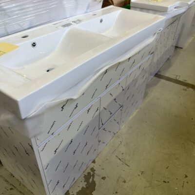 NEW 1200MM DOUBLE BOWL WHITE GLOSS VANITY, CENTRAL DRAWERS WITH CERAMIC TOP, VPB1200-208