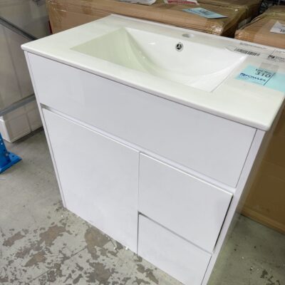 NEW 750MM WHITE GLOSS VANITY, RIGHT HAND DRAWERS WITH CERAMIC TOP, VPB750-431R