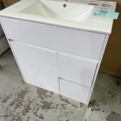 NEW 750MM WHITE GLOSS VANITY, RIGHT HAND DRAWERS WITH CERAMIC TOP, VPB750-431R