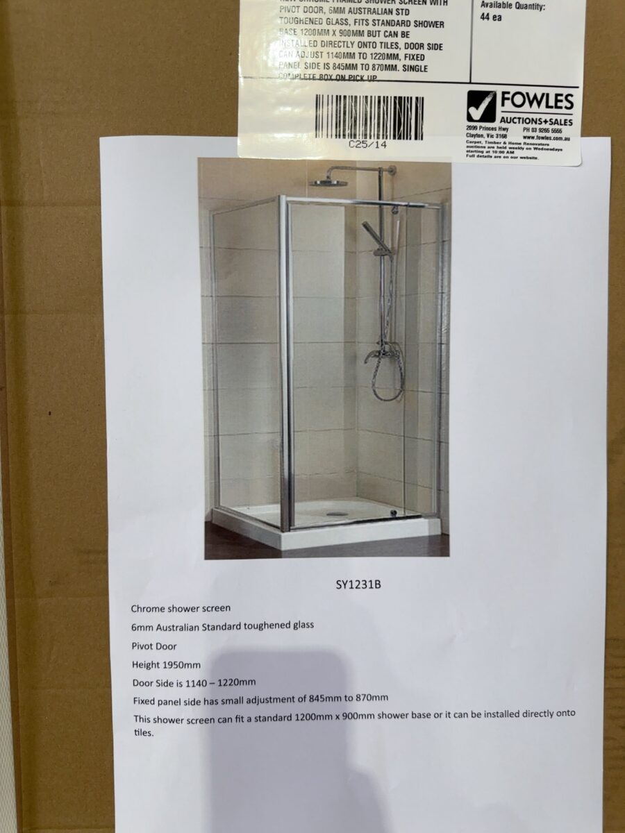 NEW CHROME FRAMED SHOWER SCREEN WITH PIVOT DOOR, 6MM AUSTRALIAN STD TOUGHENED GLASS, FITS STANDARD SHOWER BASE 1200MM X 900MM BUT CAN BE INSTALLED DIRECTLY ONTO TILES, DOOR SIDE CAN ADJUST 1140MM TO 1220MM, FIXED PANEL SIDE IS 845MM TO 870MM. SINGLE COMPLETE BOX ON PICK UP.