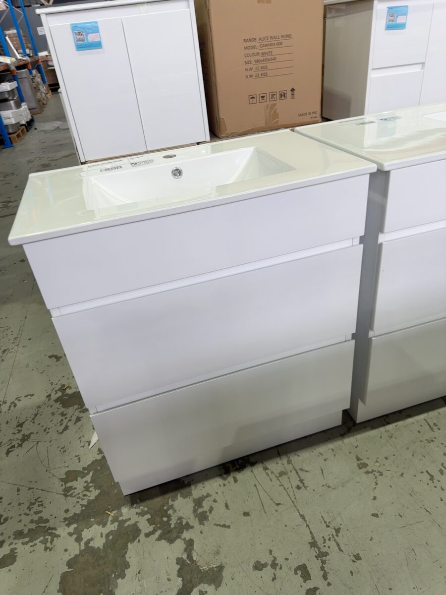 NEW CORE MATT WHITE 750MM FLOOR VANITY WITH DRAWERS, WITH CERAMIC TOP CORE 750WM-CM & UV31-750H-1TH