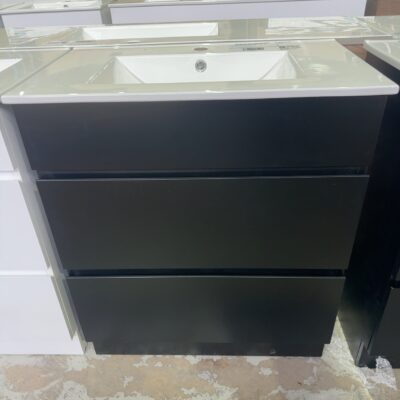 NEW CORE MATT BLACK 750MM FLOOR VANITY WITH DRAWERS, WITH CERAMIC TOP CORE 750WBM-CM & UV31-750H-1TH