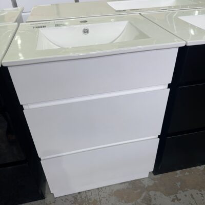 NEW PVC CORE GLOSS WHITE 600MM FLOOR VANITY WITH DRAWERS, WITH CERAMIC TOP PVC CORE-600W-CM & UV31-600H-1TH