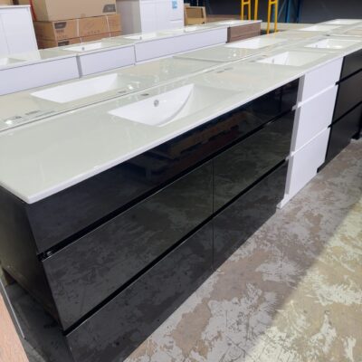 NEW CORE GLOSS BLACK 1500MM DOUBLE BOWL FLOOR VANITY WITH DRAWERS, WITH CERAMIC TOP  CORE-1500WDB-CM & UV31-1500D-1TH