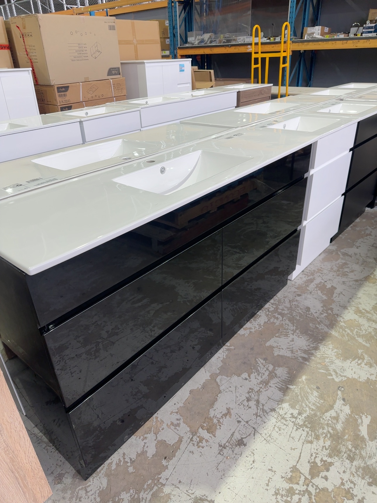NEW CORE GLOSS BLACK 1500MM DOUBLE BOWL FLOOR VANITY WITH DRAWERS, WITH CERAMIC TOP  
CORE-1500WDB-CM & UV31-1500D-1TH