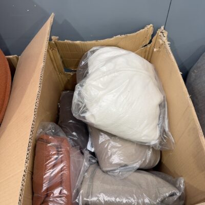 BOX OF ASSORTED SOFT OTTOMANS, VARIOUS COLOURS SOLD AS IS