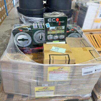 PALLET OF ASSORTED MORODAY PRODUCTS AND GARDEN POND FILTERS SOLD AS IS