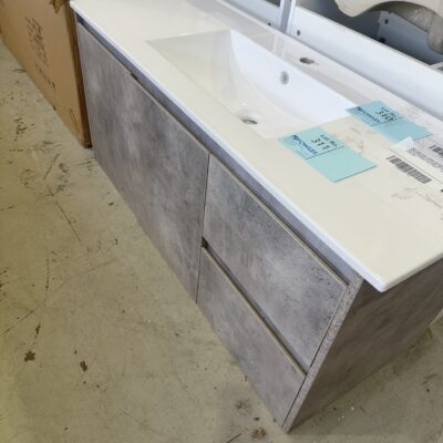 NEW LOLA WALL HUNG 1200MM GREY VANITY, WITH DRAWERS RIGHT HAND, WITH WHITE CRYSTAL CERAMIC TOP, 
CAWH11-1200R & CT28/1200