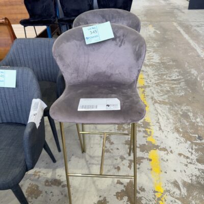EX HIRE GREY VELVET BAR STOOLS WITH GOLD FRAME, SOLD AS IS
