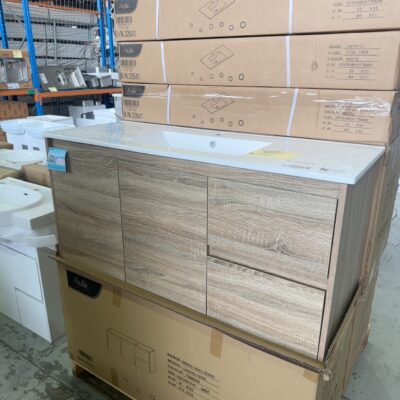 NEW AULIC GRACE 1200MM WALL HUNG VANITY, OAK LAMINATE, RIGHT HAND DRAWER, WITH CRYSTAL CERAMIC TOP RRP99