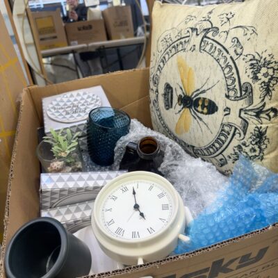 EX STAGING - BOX OF ASSORTED DECORATOR ITEMS, SOLD AS IS
