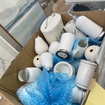 EX STAGING - BOX OF ASSORTED DECORATOR ITEMS, SOLD AS IS