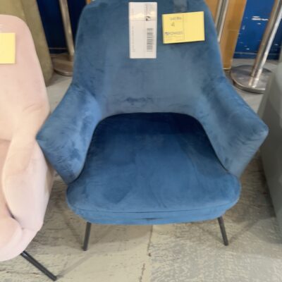 EX STAGING, BLUE VELVET ARMCHAIR, SOLD AS IS