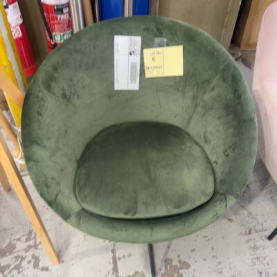 EX STAGING, GREEN VELVET ARMCHAIR, SOLD AS IS
