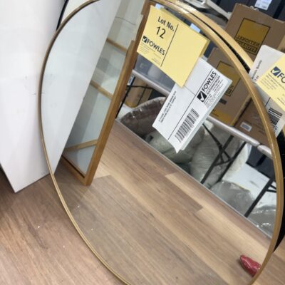 EX STAGING, LARGE ROUND MIRROR WITH TIMBER FRAME SOLD AS IS *CHIPPED*