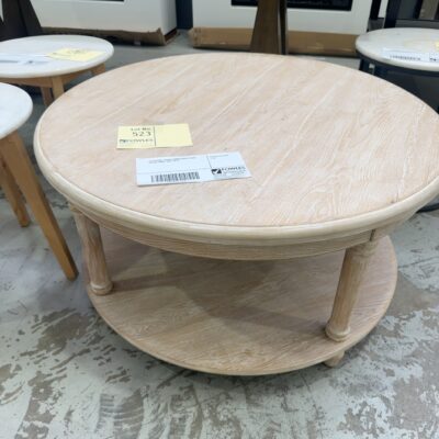 EX STAGING, ROUND TIMBER WHITE WASH COFFEE TABLE, SOLD AS IS