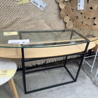 EX STAGING, BLACK METAL & GLASS HALL TABLE, SOLD AS IS