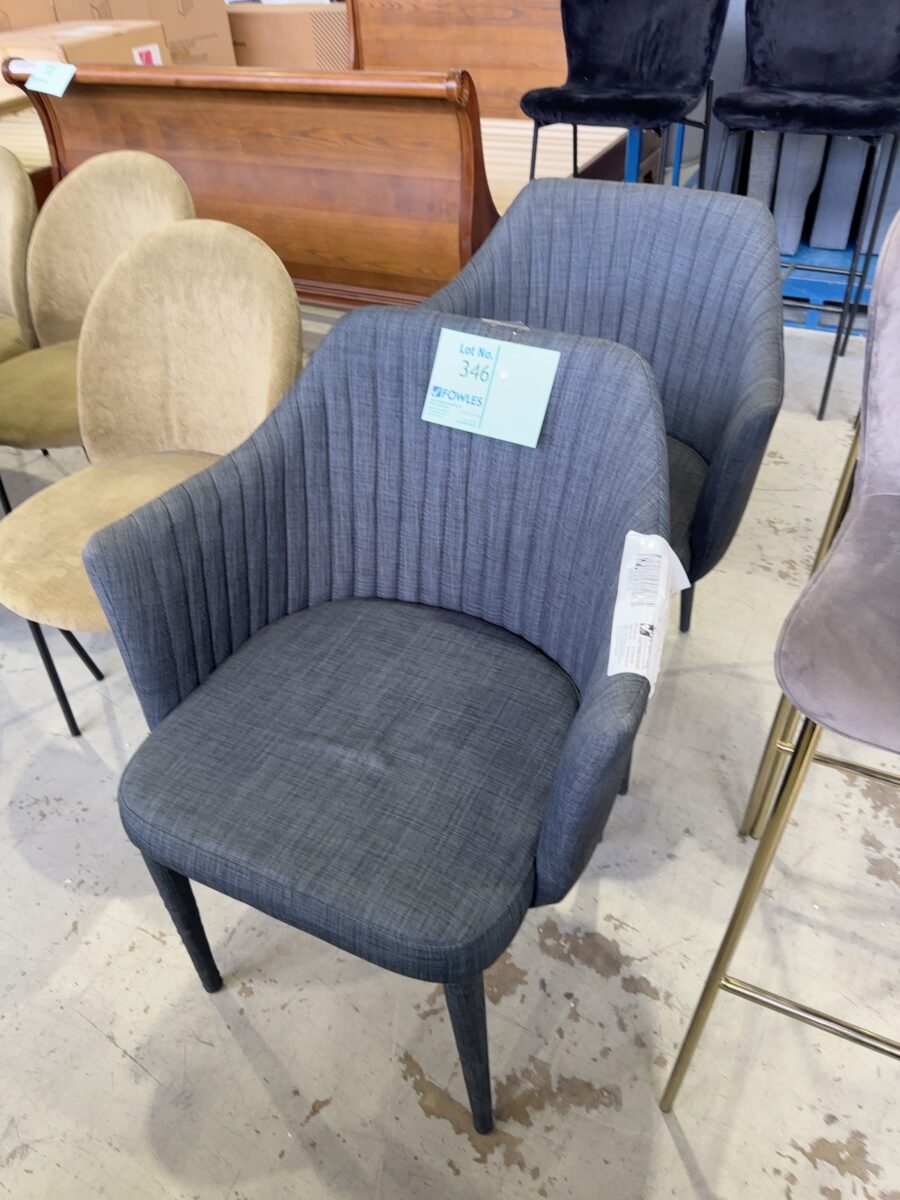 EX STAGING - DARK GREY UPHOLSTERED DINING CHAIR, SOLD AS IS