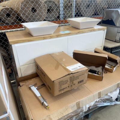 PALLET OF ASSORTED BATHROOM ITEMS, INCLUDING 1500MM VANITY BASE, ASSORTED MIXER TAPS, BASINS, TIMBER VANITY TOPS, SOLD AS IS
