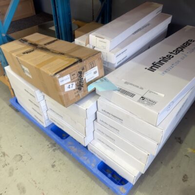 PALLET OF ASSORTED TAPWARE - FLOOR MOUNTED SPOUTS, BOTTLETRAPS, SHOWER RAILS ETC