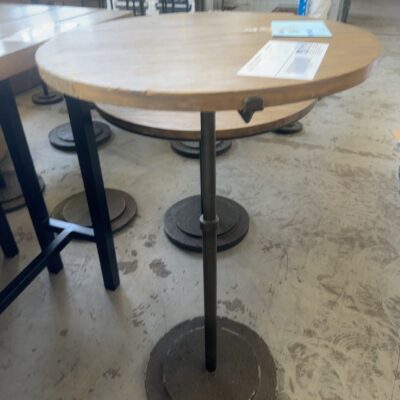 EX HIRE INDUSTRIAL LOOK, TIMBER & METAL ROUND BAR TABLE, SOLD AS IS