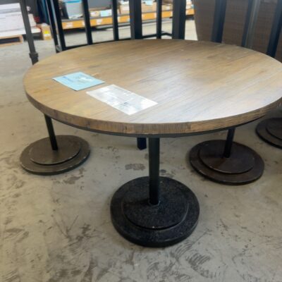 EX HIRE INDUSTRIAL LOOK, TIMBER & METAL ROUND DINING TABLE, SOLD AS IS