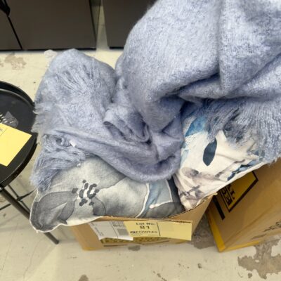 EX STAGING - BOX OF ASSORTED CUSHIONS & THROWS, SOLD AS IS