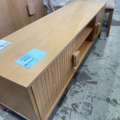 SAMPLE FURNITURE - SOMERSET MID CENTURY STYLE ENTERTAINMENT UNIT, LIGHT OAK VENEER 1650MM LONG, VERTICAL GROOVE DRAWERS, SOLD AS IS