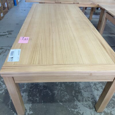 EX DISPLAY KALLISTA EXTENSION DINING TABLE 2400MM TO 3400MM, MESSMATE TIMBER, SOLD AS IS