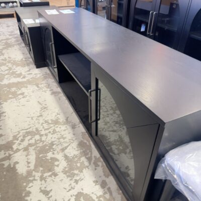 SAMPLE FURNITURE - WINDSOR BLACK OAK VENEER 1800MM ENTERTAINMENT UNIT WITH ARCHED GLASS DOORS, SOLD AS IS