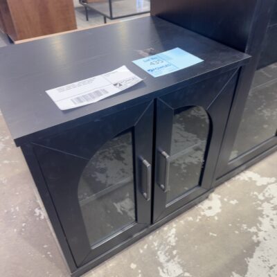 SAMPLE FURNITURE - WINDSOR BLACK OAK VENEER 40MM SIDE TABLE WITH ARCHED GLASS DOORS EACH SIDE, SOLD AS IS