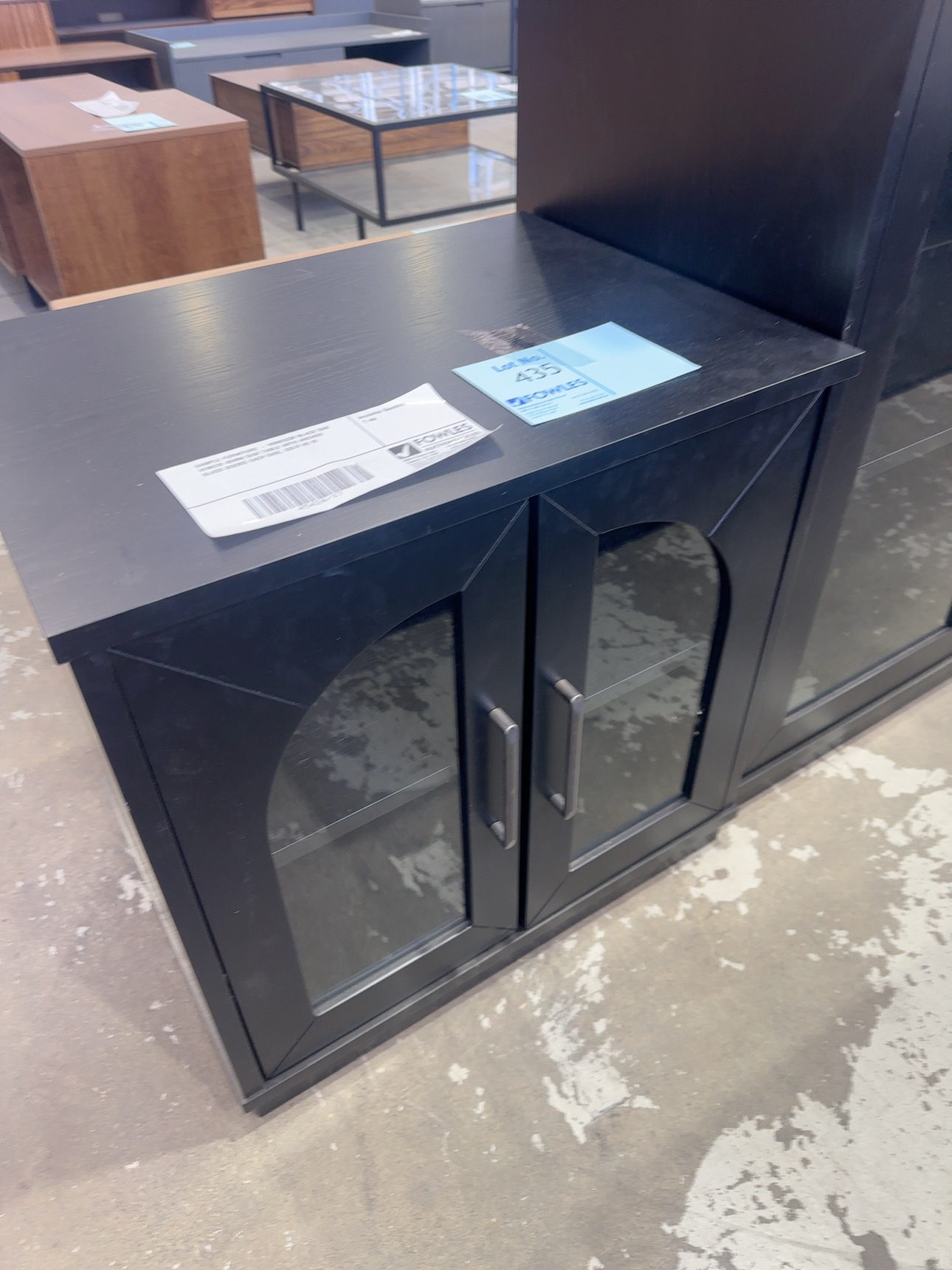 SAMPLE FURNITURE - WINDSOR BLACK OAK VENEER 40MM SIDE TABLE WITH ARCHED GLASS DOORS EACH SIDE, SOLD AS IS