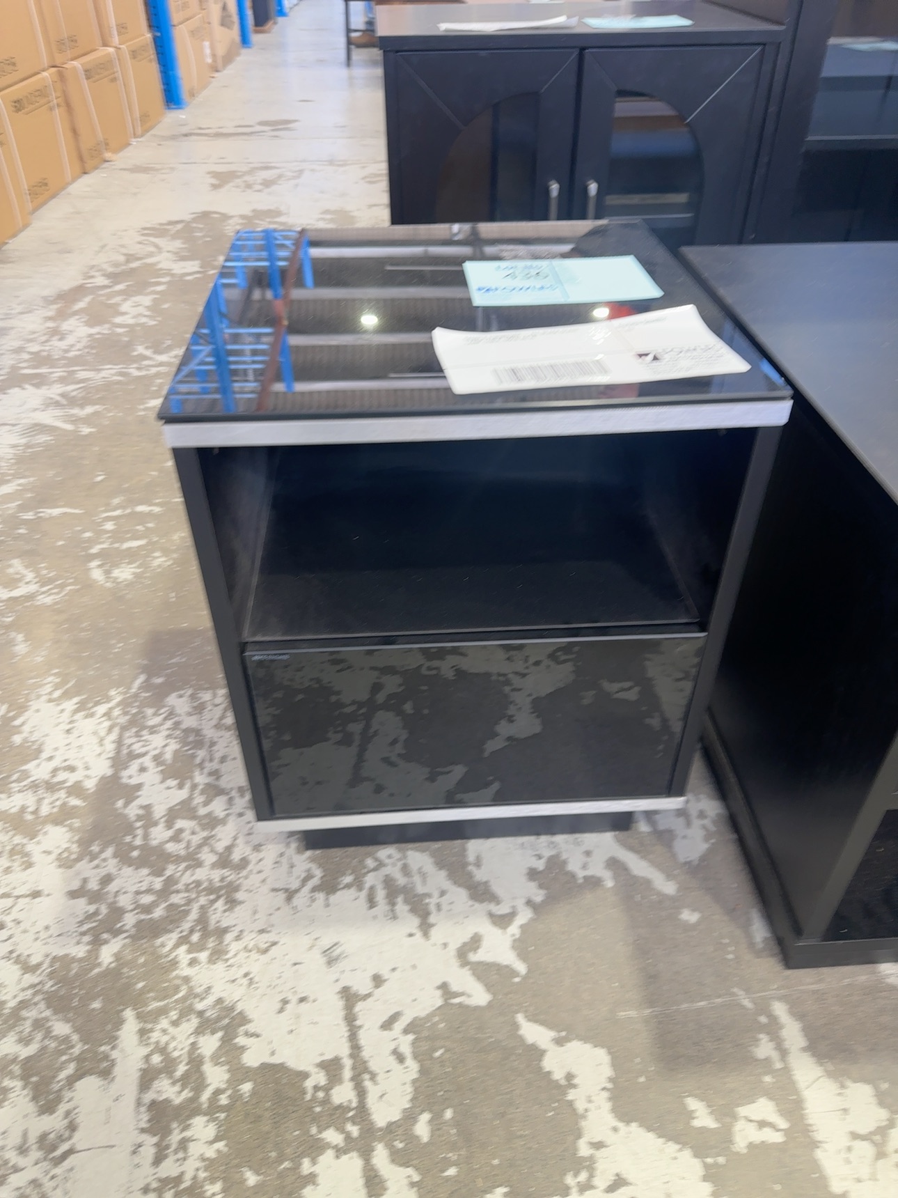 SAMPLE FURNITURE - ALL BLACK GLASS LAMP TABLE, SOLD AS IS