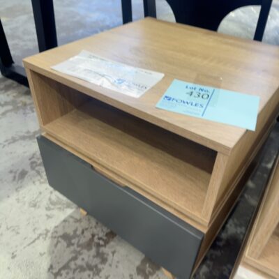 EX DISPLAY FURNITURE - SILVERTON OAK VENEER LAMP TABLE WITH GREY DRAWER SOLD AS IS