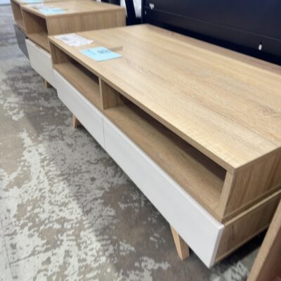 EX DISPLAY FURNITURE - SILVERTON OAK VENEER COFFEE TABLE 1100MM WITH WHITE DRAWER SOLD AS IS