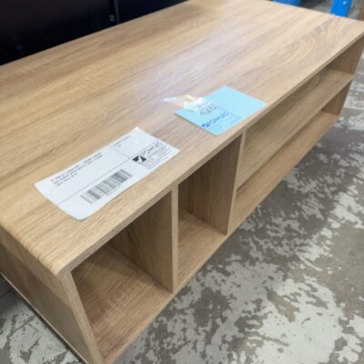 EX DISPLAY FURNITURE - ENCORE CURVED OAK VENEER OPEN COFFEE TABLE 1100MM WITH SOLD AS IS