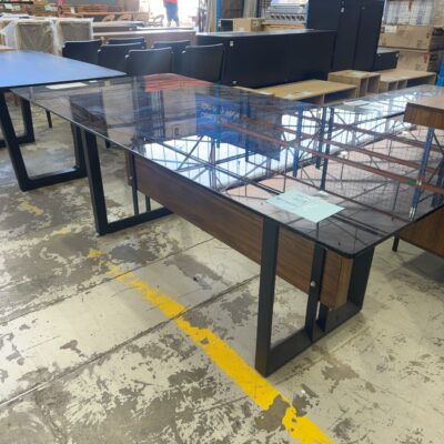 SAMPLE FURNITURE - CASSIA GLASS & WALNUT VENEER 2100MM DINING TABLE, SOLD AS IS