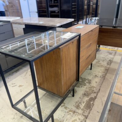 SAMPLE FURNITURE - CASSIA GLASS & WALNUT VENEER 1600MM BUFFET, SOLD AS IS