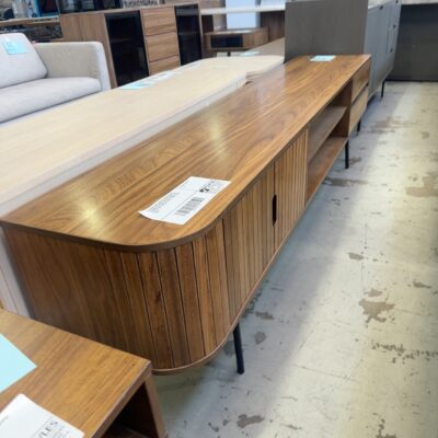 EX DISPLAY MID CENTURY DESIGN ALBANY 2100MM ASH VENEER ENTERTAINMENT UNIT, CURVED END, VERTICAL PANEL DOORS, SOLD AS IS