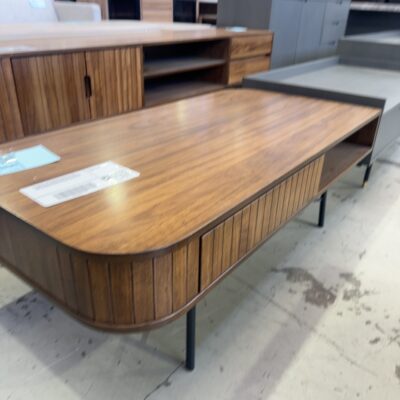 EX DISPLAY MID CENTURY DESIGN ALBANY 1200MM ASH VENEER COFFEE TABLE, CURVED END, VERTICAL PANEL DRAWER, SOLD AS IS