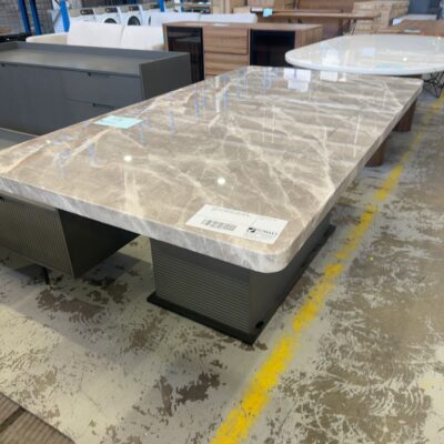 EX DISPLAY BREMER GREY WOOD 1800MM DINING TABLE WITH GREY MARBLE TOP, SOLD AS IS