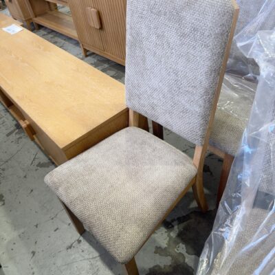 SOMERSET MID CENTURY STYLE DINING CHAIRS, LIGHT OAK VENEER WITH BEIGE UPHOLSTERY