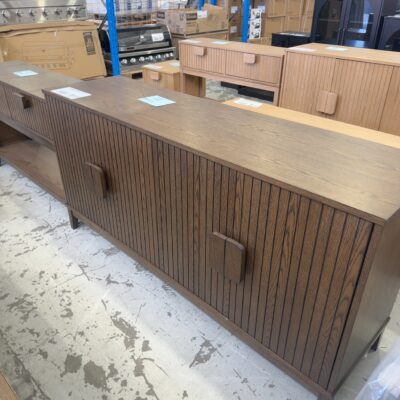 SAMPLE FURNITURE - DEVON MID CENTURY STYLE BUFFET, SMOKE OAK VENEER 1650MM  LONG, VERTICAL GROOVE DOORS, SOLD AS IS