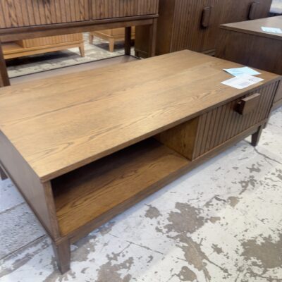 SAMPLE FURNITURE - DEVON MID CENTURY STYLE COFFEE TABLE, SMOKE OAK VENEER 1200MM LONG, VERTICAL GROOVE PANELLING, SOLD AS IS