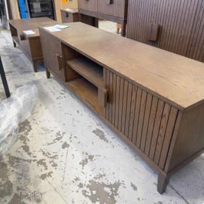 SAMPLE FURNITURE - DEVON MID CENTURY STYLE ENTERTAINMENT UNIT, SMOKE OAK VENEER 1650MM LONG, VERTICAL GROOVE DOORS, SOLD AS IS