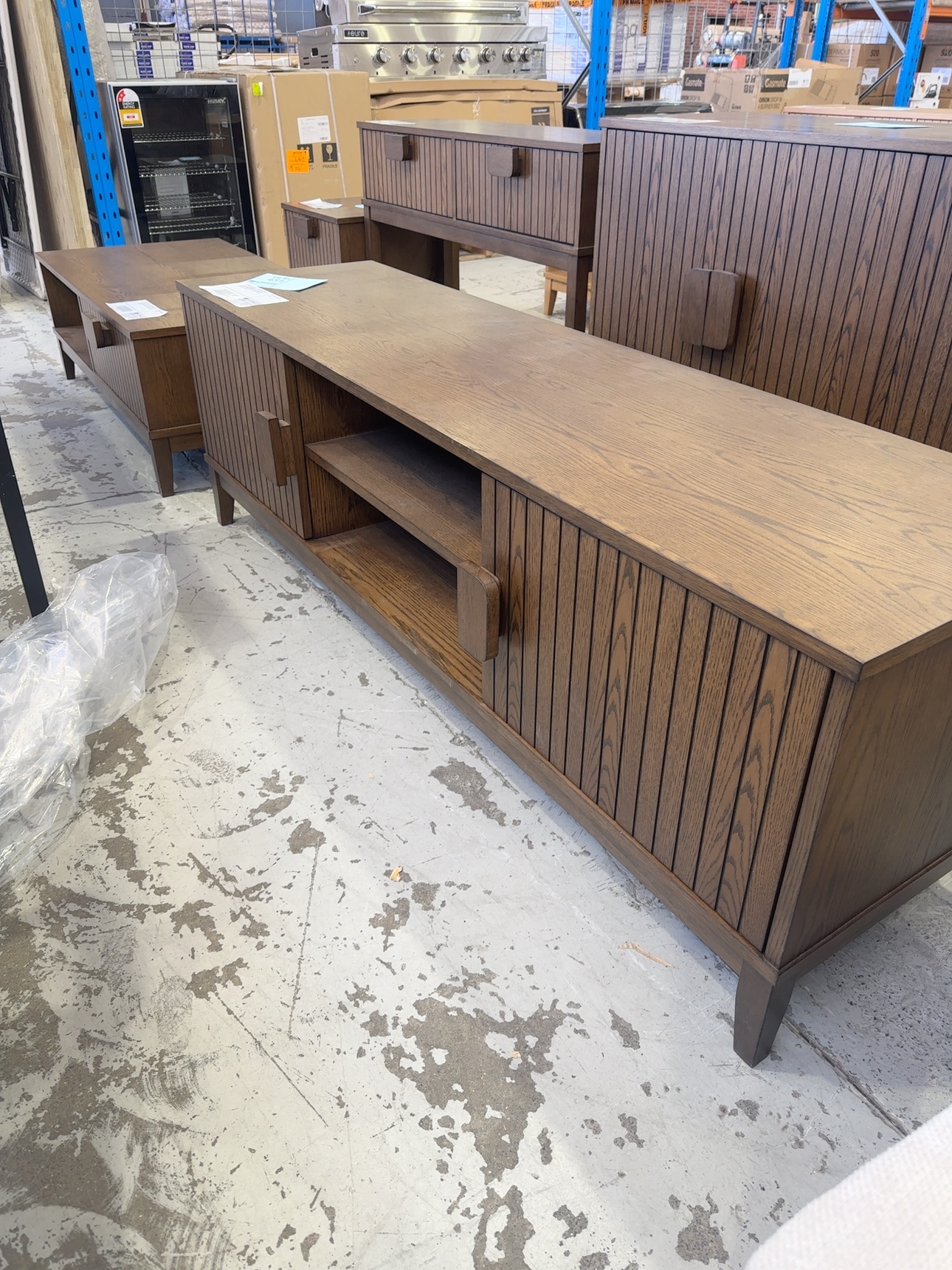 SAMPLE FURNITURE - DEVON MID CENTURY STYLE ENTERTAINMENT UNIT, SMOKE OAK VENEER 1650MM LONG, VERTICAL GROOVE DOORS, SOLD AS IS