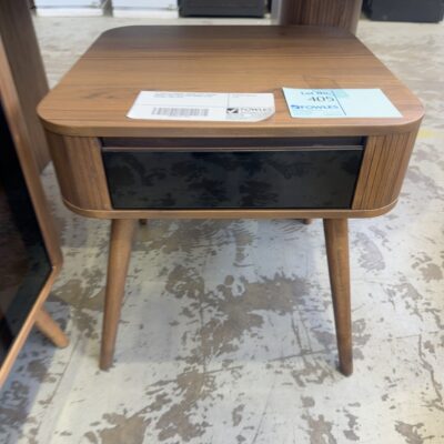 EX DISPLAY DENHAM  550MM LIGHT WALNUT VENEER LAMP TABLE WITH SMOKE GLASS DRAWER, SOLD AS IS