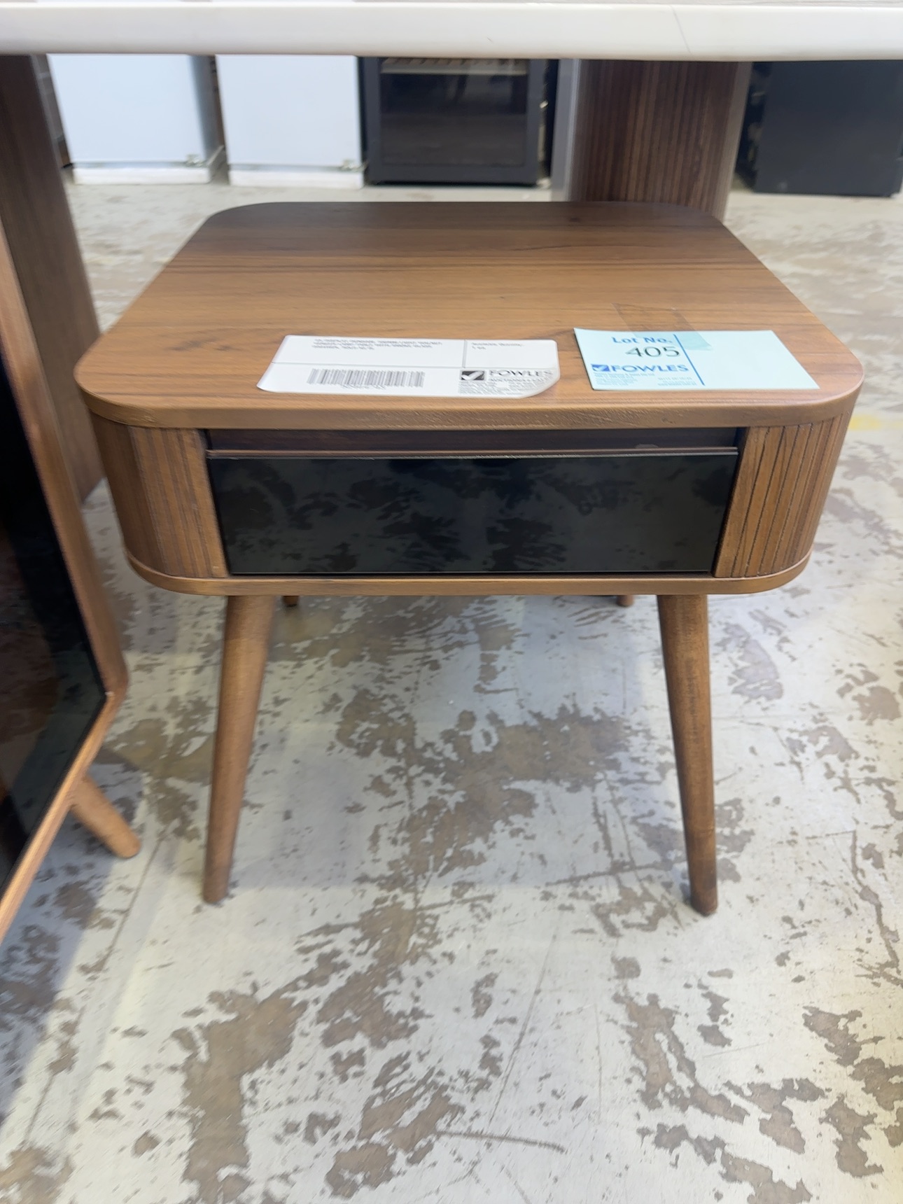 EX DISPLAY DENHAM  550MM LIGHT WALNUT VENEER LAMP TABLE WITH SMOKE GLASS DRAWER, SOLD AS IS