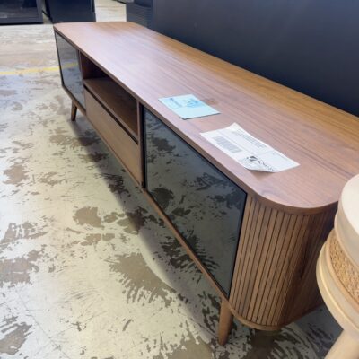 EX DISPLAY DENHAM 2100MM LIGHT WALNUT VENEER ENTERTAINMENT UNIT WITH SMOKE GLASS DOORS AND FINGER PULL DRAWER, SOLD AS IS